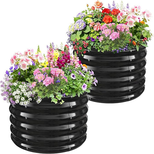 24" Diameter Round Raised Garden Bed - 17 Inch Tall, Heavy-Duty Galvanized Steel Planter Box with Wave-Shaped Panels for Vegetables, Herbs & Flowers (2, Black, 24 Inch Diameter)