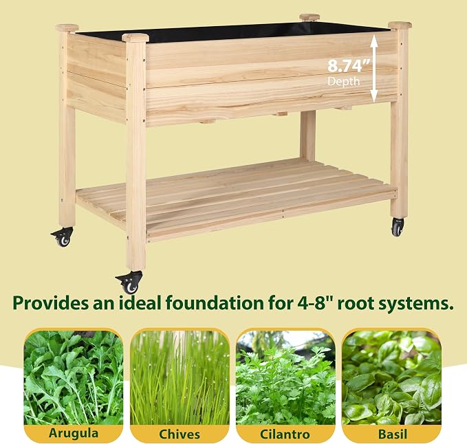 Yardenaler 48x24x33in Raised Garden Bed Featuring Legs, Outdoor Elevated Wood Planted Box Equipped with Wheels & Shelf for Vegetable, Flower, Backyard and Patio, Natural