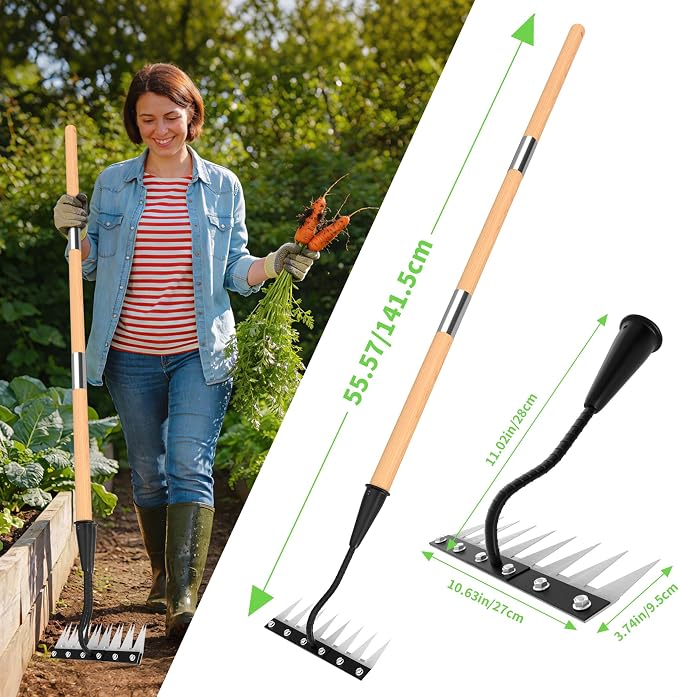 Iron Weeding Rake with Wooden Long Handle 2.0, 8 Teeth Weed Puller Tool Heavy Duty, Manual Gardenia Weed Rake Tool for Yard, Lawn and Garden, 56Inch