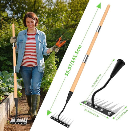 Iron Weeding Rake with Wooden Long Handle 2.0, 8 Teeth Weed Puller Tool Heavy Duty, Manual Gardenia Weed Rake Tool for Yard, Lawn and Garden, 56Inch