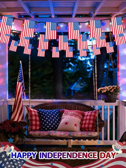 4th of July Decorations 50 LED Solar American Flag String Lights Outdoor | 25 USA Flags, 8 Modes, Memory Function, Auto On/Off, 18.8FT Waterproof Twinkle Lights for 250th Anniversary Patriotic Decor