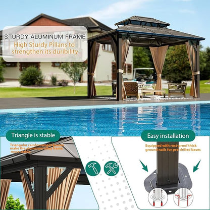 GAOMON 10'x12' Hardtop Gazebo, Outdoor Polycarbonate Double Roof Canopy, Aluminum Frame Permanent Pavilion with Curtains and Netting, Sunshade for Garden, Patio, Lawns (10x12ft)