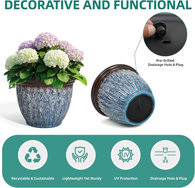 15" Large Flower Pots, 2-Pack Big Plastic Planters for Outdoor Plants | Plant Pot with 3D Textures, Artistic Floating Blue Brown Glaze, Weather-Resistant for Porch, Garden, Patio Yard or Indoor Use