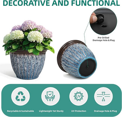 15" Large Flower Pots, 2-Pack Big Plastic Planters for Outdoor Plants | Plant Pot with 3D Textures, Artistic Floating Blue Brown Glaze, Weather-Resistant for Porch, Garden, Patio Yard or Indoor Use
