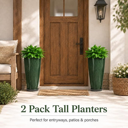 Neoaider Set of 2 Tall Planter, 21 inch Large Plastic Planter, Dark Green | Ceramic-Look, Lightweight, Built-in Drain Hole, Saucers, Tall Outdoor Planter for Porch, Garden, Patio, Balcony
