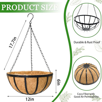 Hanging Planters for Outdoor Plants 4 Pack 12 inch Metal Hanging Flower Basket with Coco Coir Liner Wire Plant Holder Watering Flower Baskets Pot Hanger Garden Decoration for Indoor Outdoor(DQL)