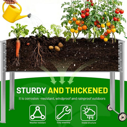 Land Guard 2 Pack Galvanized Raised Garden Bed with Legs & Wheels, 48×18×32in Metal Elevated Raised Planter Box for Backyard, Patio, Balcony, 500lb Capacity, Silver