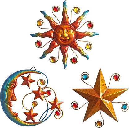 Limygus Set of 3 Celestial Sun Moon Star Metal Silhouette Wall Art, Waterproof Hanging Decor for Home Bedroom Bathroom Office