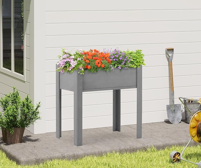 SoliWood Set of 2 Raised Garden Bed with Legs, 31x16x31'', Outdoor Wood Elevated Planter Box, Grey Cedar, Thick Legs, w/Liner