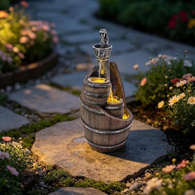 21.7" H Barrel Water Fountains Outdoor with LED Lights, Garden Fountains for Yard Patio Backyard Deck Decor