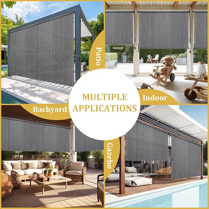 Shade&Beyond Outdoor Roller Shades with Splicing Design, 7' W x 6' H Cordless Patio Roll Up Blinds, Exterior Shade Cloth Roll for Porch, Gazebo, Pergola, Balcony, Gray