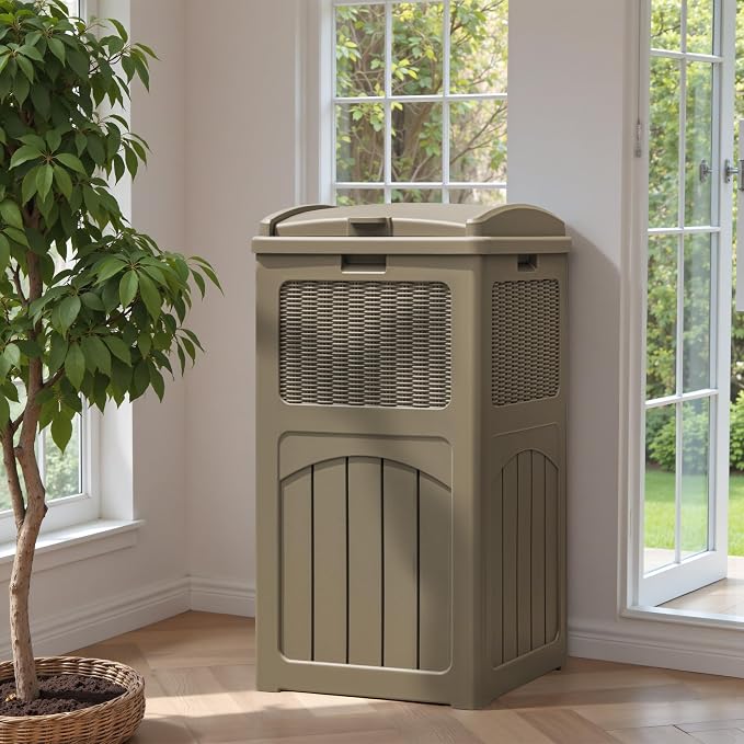 Greesum 33 Package Delivery Box for Outside, Patio Waterproof Resin Garbage Bin with Lid for Hideaway, Deck, Patio, Light Coffee