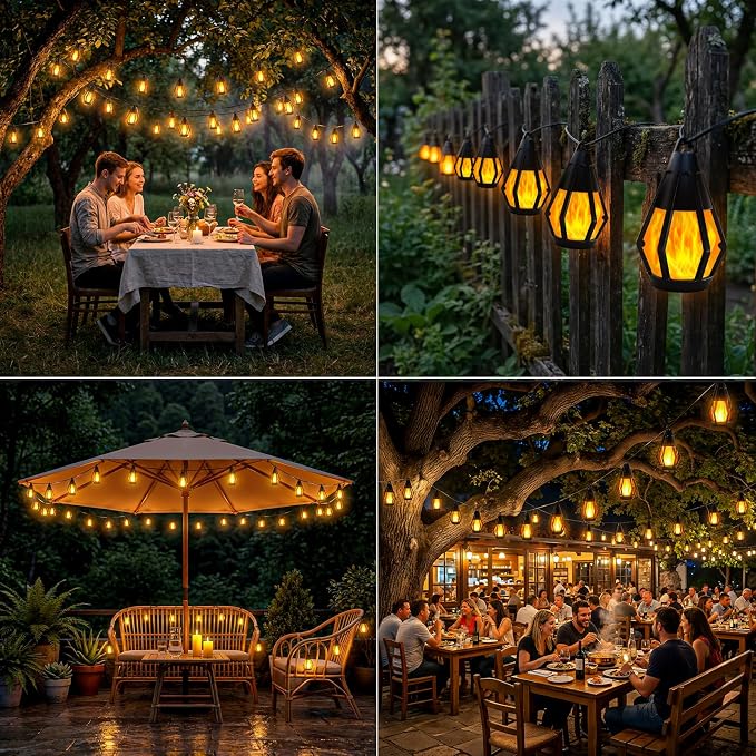 Solar String Lights Outdoor 43FT 15 LED Warm White Solar Flame Lights | Waterproof Patio Lights Solar Powered for Outside Tree Halloween Patio Garden Porch Party Decorations