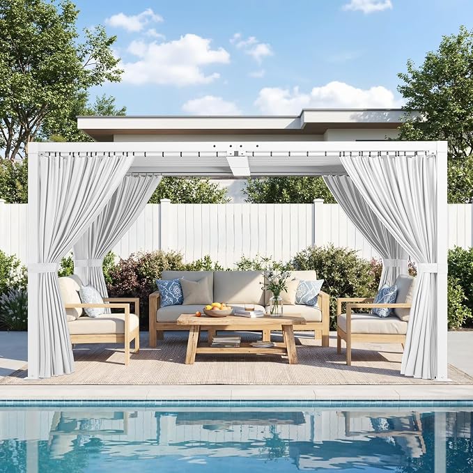 Louvered Pergola 10' x 13' with Waterproof Curtains, Outdoor Aluminum Pergola with Reinforced Steel Roof, Heavy-Duty Hardtop Gazebo, Privacy Privacy Shaded Shelter, White