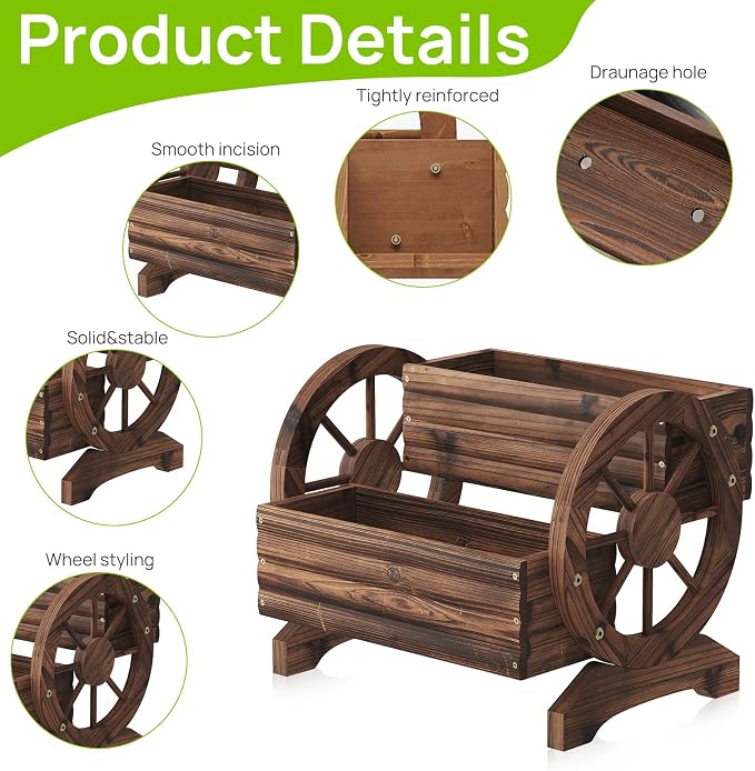 Wooden Wagon Planter with Wheels,Flower Pots, Carbonized, Large | Flower Cart Design, Outdoor Garden Use, Indoor & Backyard Compatible, Patio & Balcony Decor