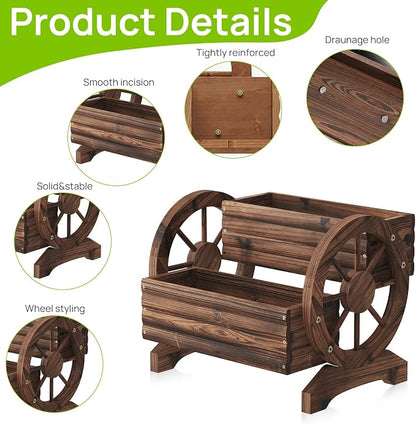 Wooden Wagon Planter with Wheels,Flower Pots, Carbonized, Large | Flower Cart Design, Outdoor Garden Use, Indoor & Backyard Compatible, Patio & Balcony Decor