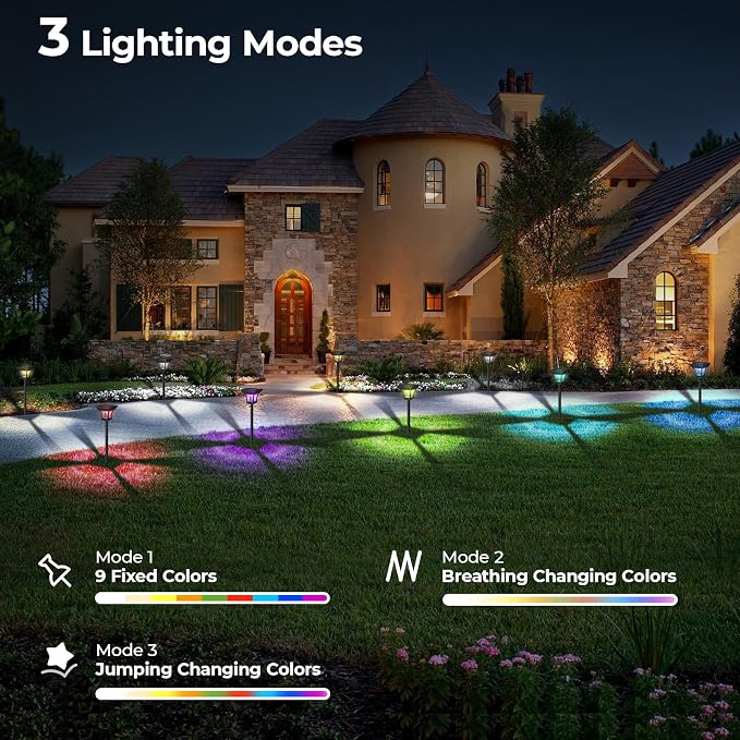 CINOTON 24 Pack RGBCW Solar Pathway Outdoor Lights, 3 Lighting Modes Solar LED Garden Lights, IP65 Waterproof Outside Solar Powered Landscape Lighting for Planter Lawn Pool Balcony RGB/Warm/Cold White
