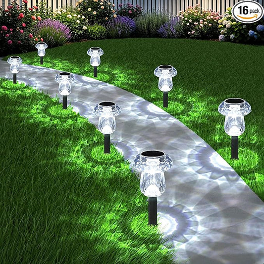 Solar Garden Lights Outdoor 16 Pack 6000K Cold White Mushroom Decor | Waterproof Pathway Outside Yard Walkway Landscape Path Lighting, LED Auto On/Off Decorations, Acrylic Diamond-like Lampshade
