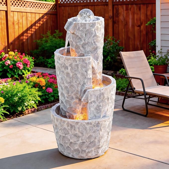 28" 4-Tier Twist Water Fountain with Rotating Crystal Ball, Exclusive Honeycomb Texture, Cascading Waterfalls, Weather-Resistant Outdoor Fountain Creates Tranquil Oasis for Garden Patio | Hammered Texture, Cascading Waterfalls, Weather-Resistant Outdoo...