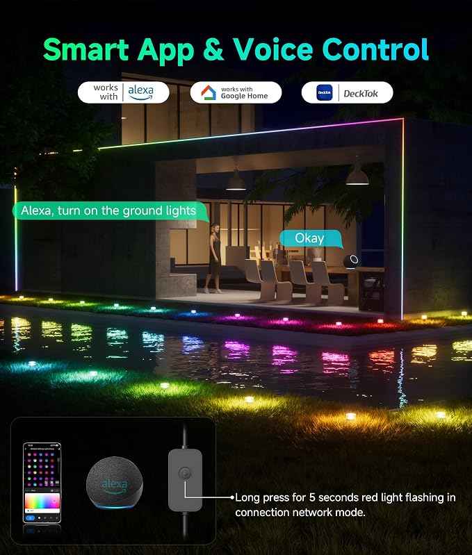 DeckTok Outdoor Ground Lights, 50ft Smart RGBCW LED Pathway Lights Work with Alexa, Google Assistant, 15 Pack IP67 Waterproof Landscape Lighting for Path Yard Lawn Patio Pool Fence and Party Decor