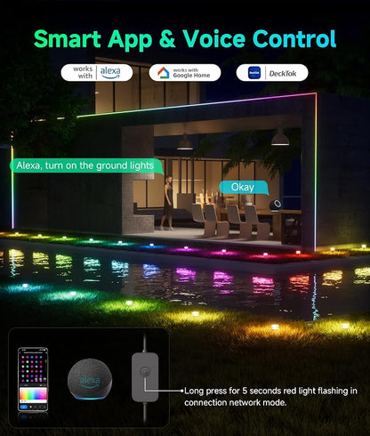 DeckTok Outdoor Ground Lights, 50ft Smart RGBCW LED Pathway Lights Work with Alexa, Google Assistant, 15 Pack IP67 Waterproof Landscape Lighting for Path Yard Lawn Patio Pool Fence and Party Decor