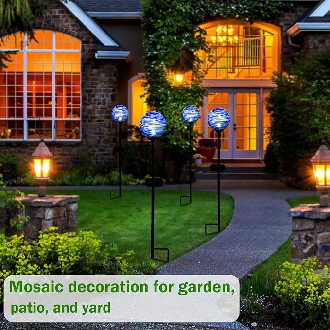 Solar Outdoor Decorative Lights Color Swirl Garden Stake Glaze Glass LED Globe Lights for Pathway Yard Lawn Decoration - 2 Pack Blue