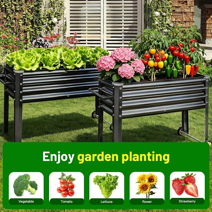 Land Guard 2 Pack Galvanized Raised Garden Bed with Legs & Wheels, 48×18×32in Metal Elevated Raised Planter Box for Backyard, Patio, Balcony, 500lb Capacity, Dark Grey