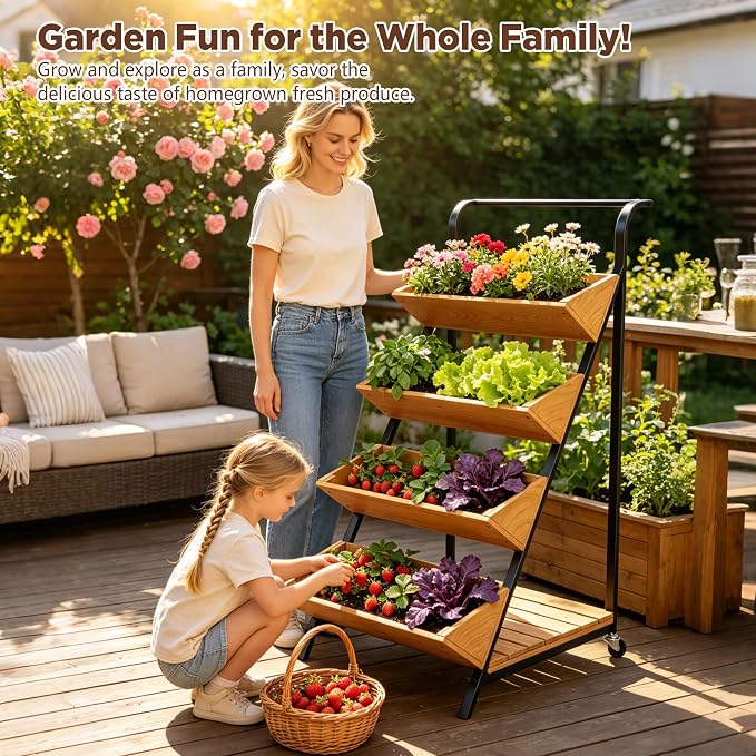Vertical Raised Garden Bed on Wheels, Solid Wood Tiered Planter for Patio | Open-tiered for even sunlight. Rust-resistant metal frame, handle & wheels. Smooth wood. Bottom shelf for tools.