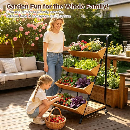 Vertical Raised Garden Bed on Wheels, Solid Wood Tiered Planter for Patio | Open-tiered for even sunlight. Rust-resistant metal frame, handle & wheels. Smooth wood. Bottom shelf for tools.