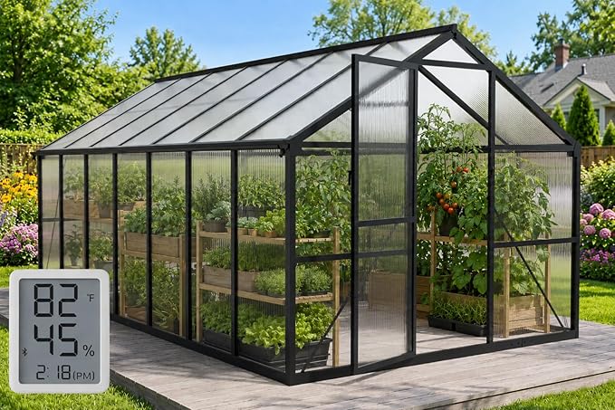 8X14FT Enhanced Aluminum Walk-in Greenhouse for Outdoors with Thermometer | Easy Assembly, UV-Resistant Panel, Rain Gutter, Lockable Sliding Door, Built-in Reinforcement, For Vegetable, Flower and Herb
