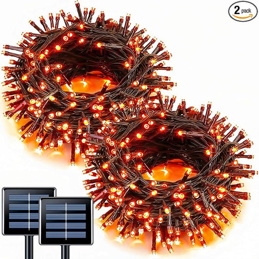 JMEXSUSS 2 Pack Solar Halloween Lights, Total 200 LED 66 FT, Orange | Halloween Lights Outdoor Waterproof, 8 Modes Solar String Lights for Outside Patio Christmas Tree Yard Halloween Decor