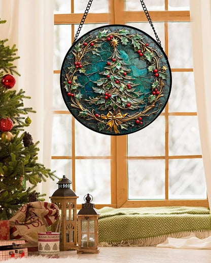 DASTOLL Stained Glass Window Hangings - Red Gold Green Wreath Suncatcher for Door Home Christmas Tree Decoration Sun Catcher Thanksgiving New Year Birthday Gift for Women Men Mom Grandma 9.8 in