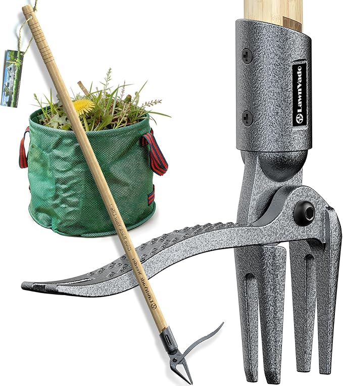 Stand Up Weed Puller Tool, Long Handle Weed Remover with Upgraded 4-Claw Steel Head, Manual Root Removal Tool for Lawn & Garden, No-Bend Weed Puller, Natural Bamboo Handle