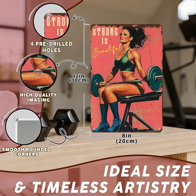 PEACHGARDEN Gym Decor Gym Girl Metal Signs Strong Is Beautiful Poster Girl Fitness Wall Art Decor Metal Tin Sign for Fitness Studio Workout Room Garage Kitchen 8x12inch