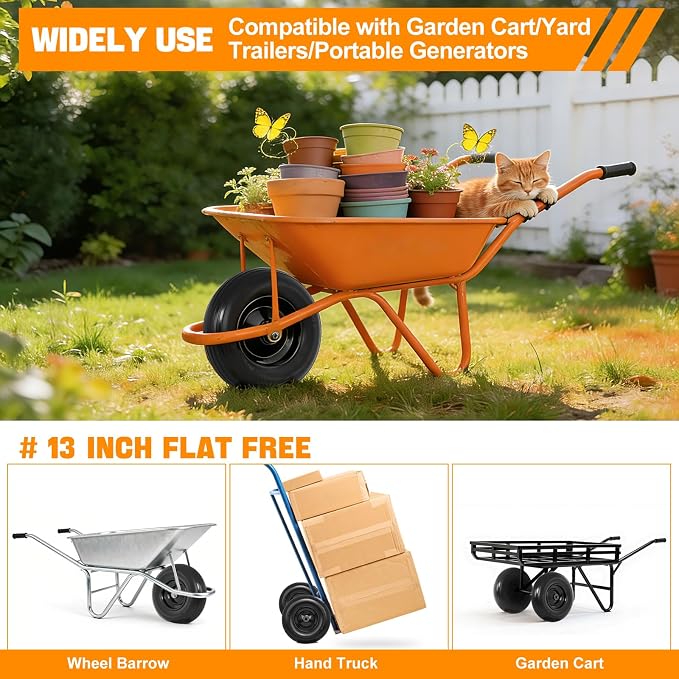 Yesker 4.00-6" Flat-Free Tires and Wheels, 13" Solid Wheelbarrow Tire with 5/8" Bearing 1.75" Centered Hub for Wheelbarrow, Garden Gorilla Cart, Hand Truck (1 Pack)