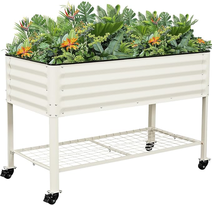 Elevated Raised Garden Bed 2' x 4' - Galvanized Planter Boxes with Legs, Wheels, and Storage Rack, Outdoor Planters for Backyard/Patio/Balcony with Drainage Holes for Vegetables, Flowers, Herbs, White