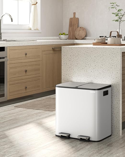 GarveeHome 2 x 4 gal Stainless Steel Double Trash Can with Lid for Kitchen, Large Dual Trash and Recycle Bin Combo, Step-on Kitchen Metal Garbage Cans, PP Inner Buckets, Liner Rim, White