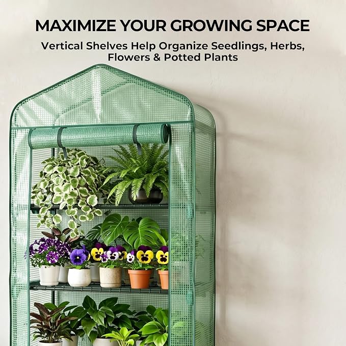Worth Garden 5 Tier Mini Greenhouse - 75'' H x 27'' L x 19'' W - Sturdy Portable Gardening Shelves with Durable PE Cover w/ Roll-Up Zipper Door- Small Green House Indoor & Outdoor for Plants Flowers