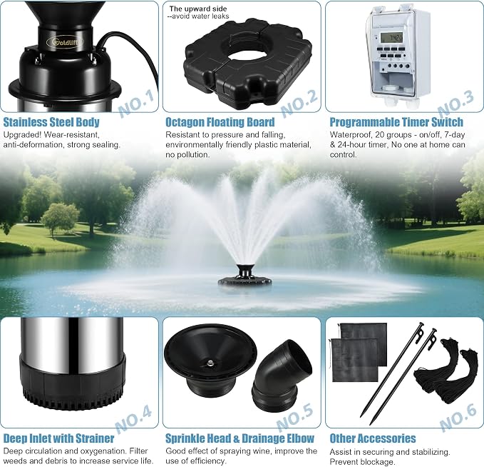 Goldlife Pond Fountain Aerator, F3 No Light, 1HP 750W 110V Stainless Steel Floating Fountain With 100 FT Power Cord, Black Octagon Aerating Fountain Pump for Small Large Ponds Lake Bay Fish farm