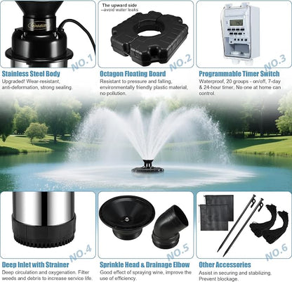 Goldlife Pond Fountain Aerator, F3 No Light, 1HP 750W 110V Stainless Steel Floating Fountain With 100 FT Power Cord, Black Octagon Aerating Fountain Pump for Small Large Ponds Lake Bay Fish farm
