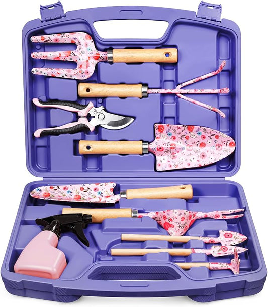 Grenebo 12-Piece Womens Gardening Tools Gift Set, Rust-Proof & Heavy-Duty Garden Tools with Durable Carrying Case, Fashionable & Thoughtful Gardening Gifts for Women&Men (Purple)