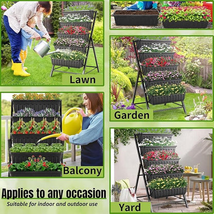 Homdox 2 Pack Vertical Garden Bed, 5 Tiers Raised Garden Planter, 25.6 * 26 * 48 Inch with Drainage System & 4 Hooks, Vegetable Flower Stand for Garden Patio Yard (Black with 4 Wheels)