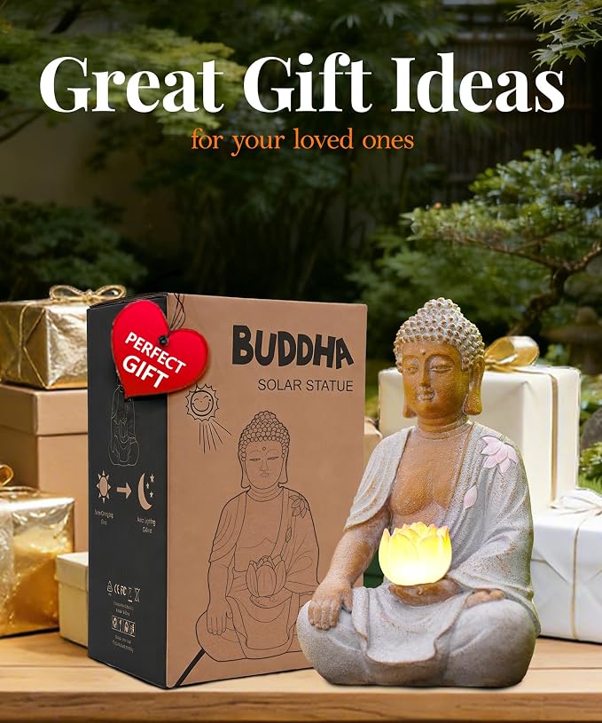 Nacome Solar Buddha Garden Statue Decor: Sitting Resin Figurine with Lotus Flower Light Zen Sculpture for Patio Lawn Yard Porch Balcony Meditation Space - 8.3 inches(White)