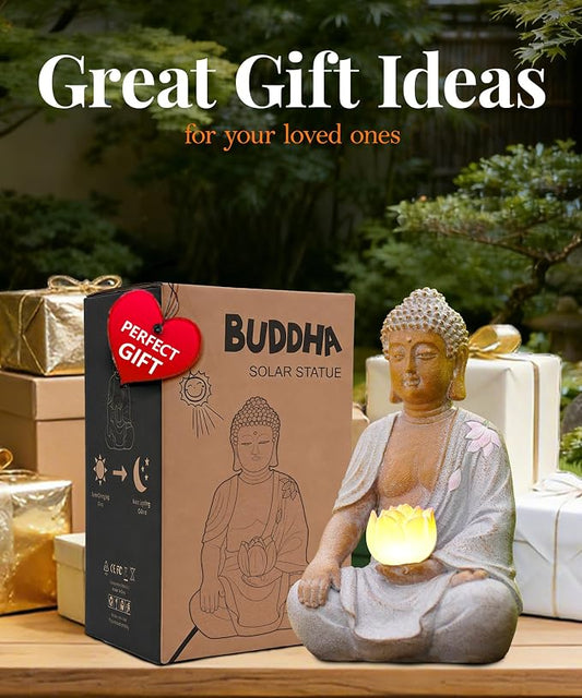 Nacome Solar Buddha Garden Statue Decor: Sitting Resin Figurine with Lotus Flower Light Zen Sculpture for Patio Lawn Yard Porch Balcony Meditation Space - 8.3 inches(White)