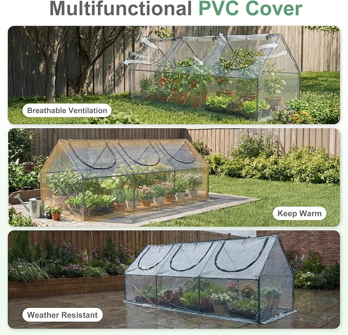 Aoodor 9 x 3 x 3 ft Mini Greenhouse with 3 Zipper Doors, Water-Resistant, UV-Protected for Flowers, Vegetables, and Herbs, Transparent
