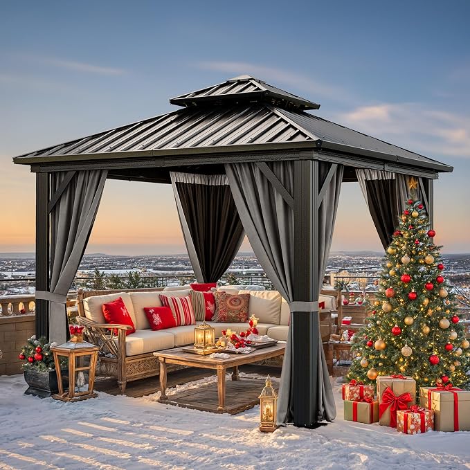 YITAHOME 10x10ft Hardtop Gazebo Outdoor Canopy with Nettings and Curtains | Heavy Duty Double Roof Galvanized Steel Outdoor Combined of Vertical Stripes Roof for Patio, Backyard, Deck, Lawns, Gray
