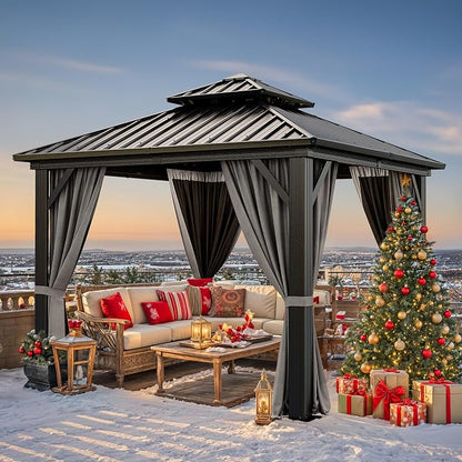 YITAHOME 10x10ft Hardtop Gazebo Outdoor Canopy with Nettings and Curtains | Heavy Duty Double Roof Galvanized Steel Outdoor Combined of Vertical Stripes Roof for Patio, Backyard, Deck, Lawns, Gray