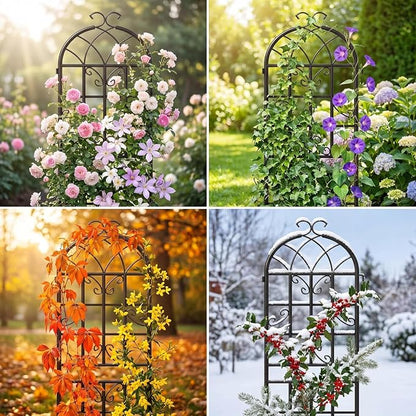 2-Pack 71" Black Metal Garden Trellises with Butterfly Design | Black metal trellises with butterfly arch design, scrollwork, spiked legs, and vertical support for roses, vines, or veggies