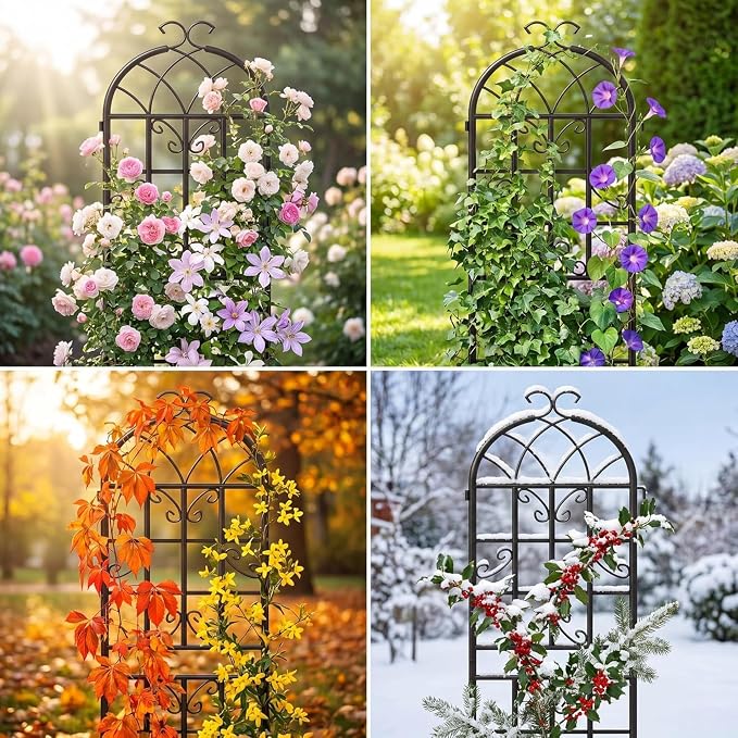 4-Pack 71" Black Metal Garden Trellises with Butterfly Design | Set of 4 black metal trellises with butterfly arch tops, scrollwork, spiked legs, and support for roses, vines, or veggies