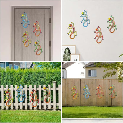 Junware 4 Pcs Metal Gecko Wall Art Outdoor Decor Metal Lizards Wall Decor Lizard 6.9 * 11 Inch Suitable for Hanging in Yard Garden Patio Fence Home, Idea Gifts for Mom Father Friends
